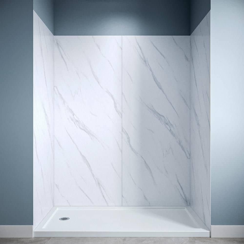 Streamline DSH-1760-196 30 in. L x 60 in. W x 76 in. H 4-Piece Glue-Up Alcove Shower Surround in White Marble Finish (1)