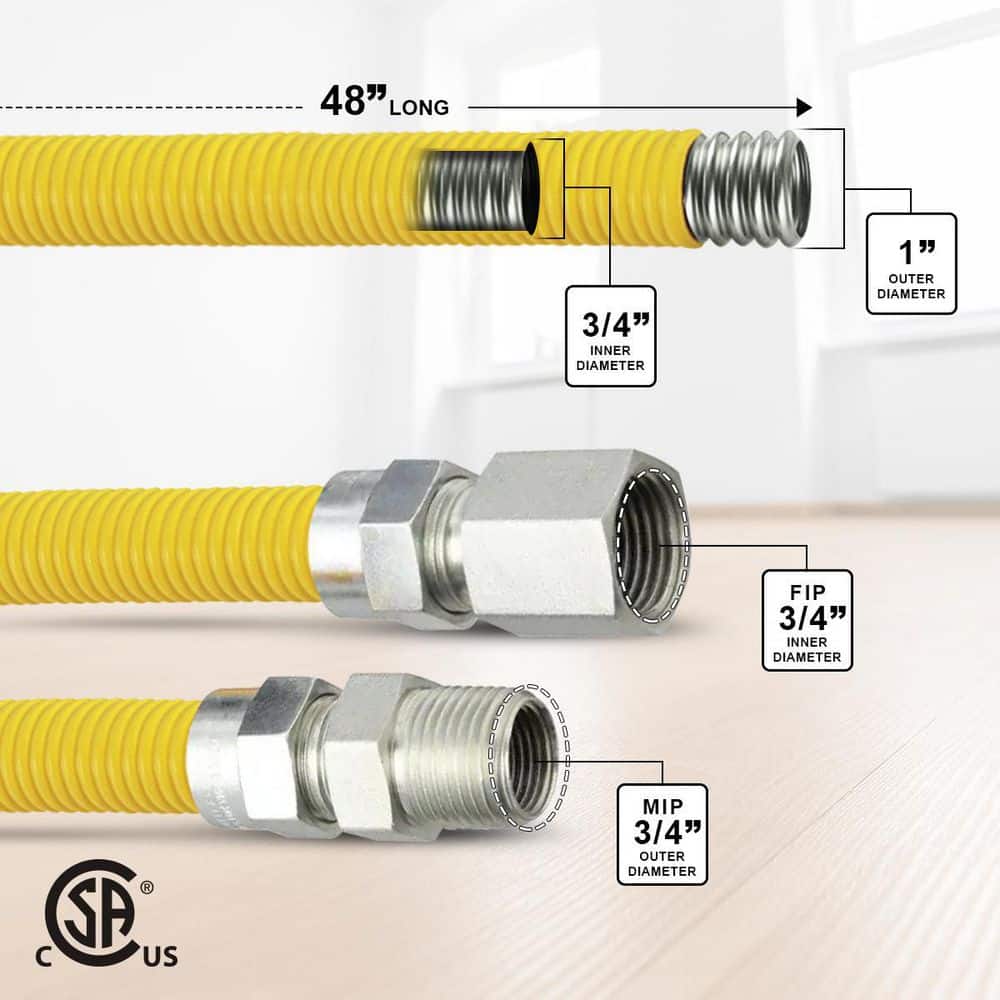 PLUMBFLEX 48 in. Flexible Gas Connector Yellow Coated Stainless Steel for Tankless Water Heater, 1 in. O.D. with 3/4 in. Fittings (2)