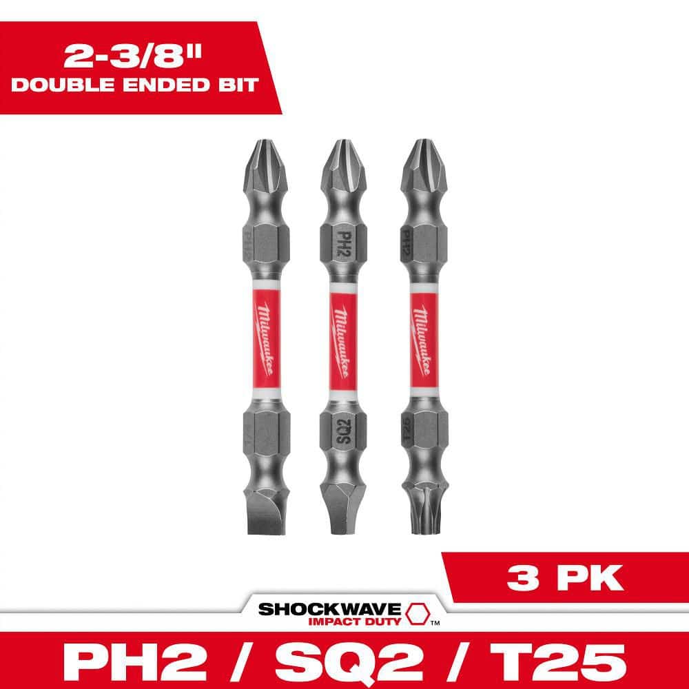 Milwaukee SHOCKWAVE Impact Duty Alloy Steel PH2/SQ2/T25 Double Ended Bits (3-Piece)