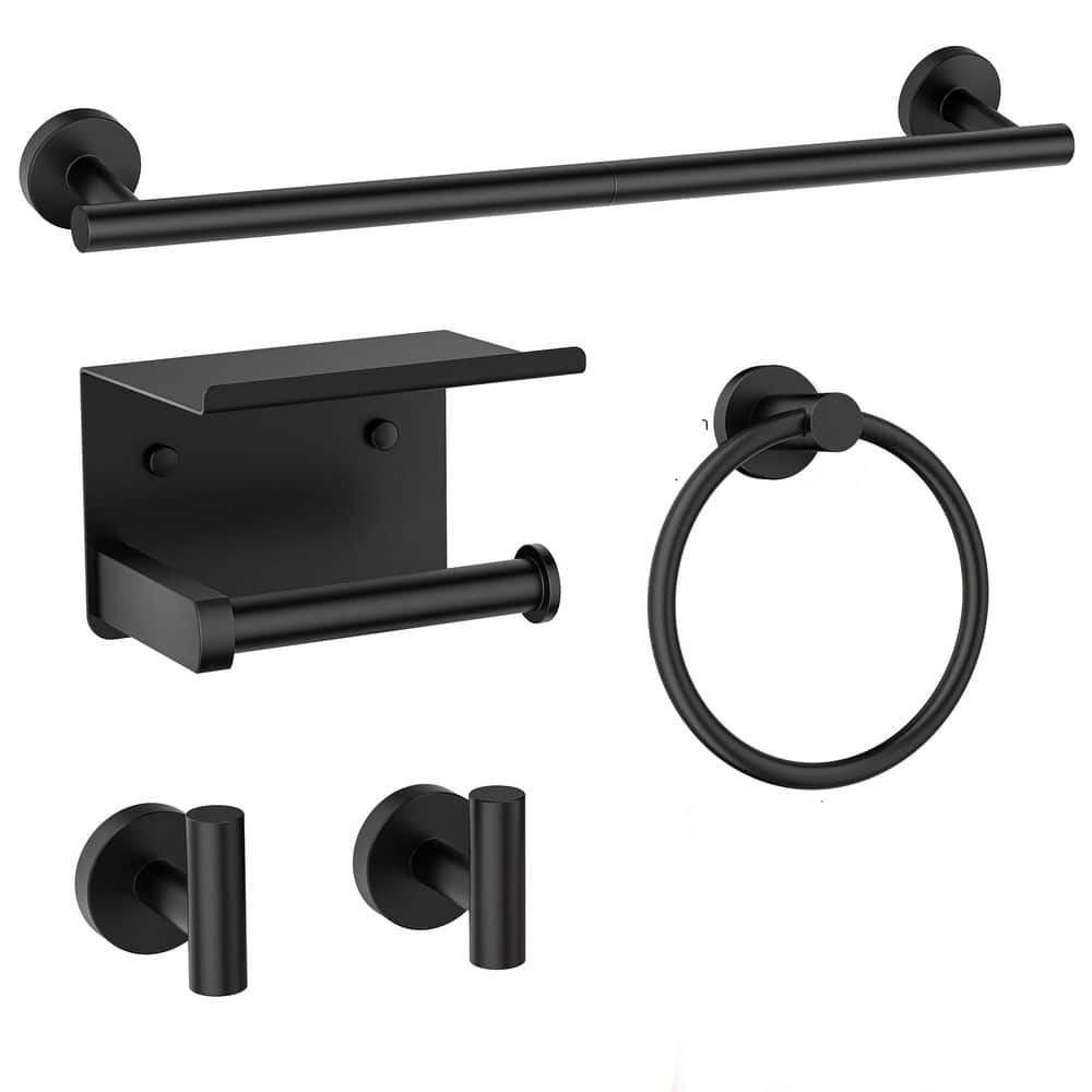 LAIFUCAM 5-Piece Bathroom Hardware Set with Towel Bar, Towel Ring, Toilet Paper Holder, 2 Hooks in Matte Black Mounting Hardware (1)