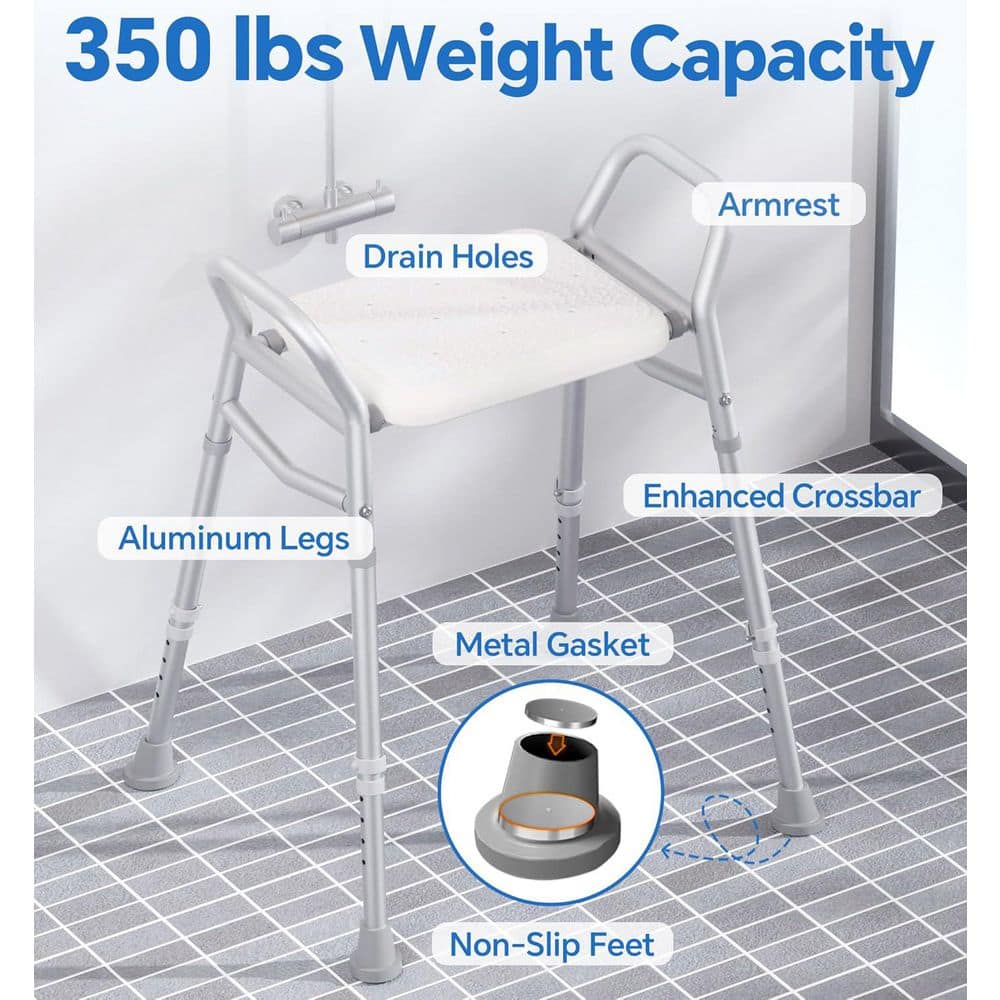 Anqtovp Adjustable Series 21 in. W Freestanding FSA HSA Eligible, Non-Slip, 350lbs Capacity Shower Chair Seat 21 in White Finish (3)