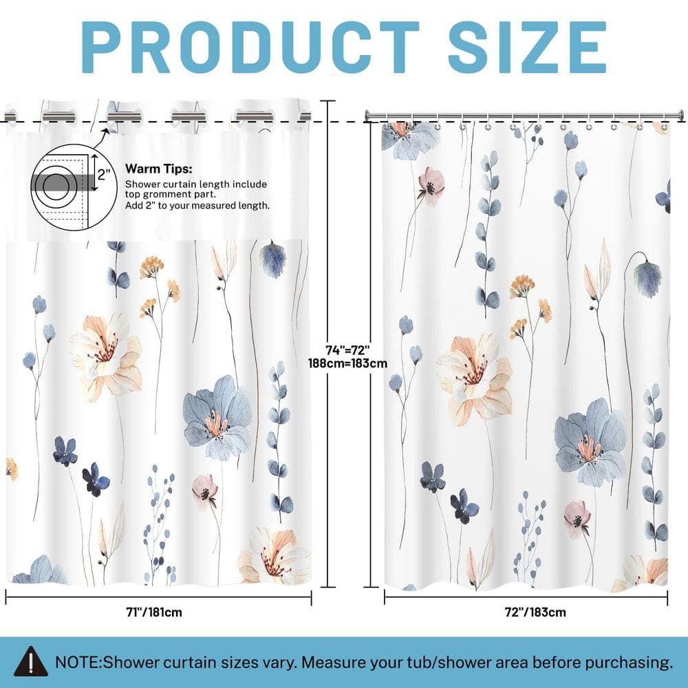 Wudkey 71 in. W x 74 in. L No Hook Polyester Shower Curtain with Snap in Liner, in Watercolor Floral Blue Beige (2)