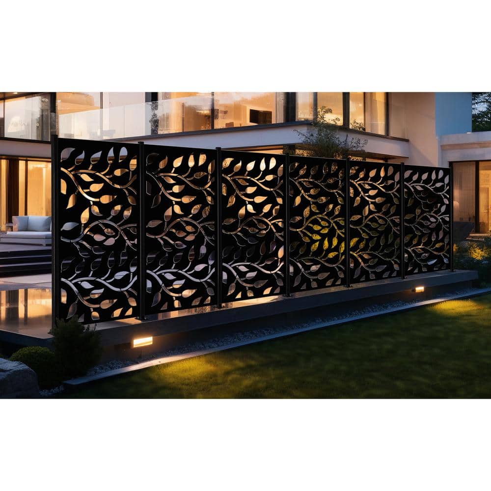 OUTDECO Leaf 3 ft. x 6 ft. Powder Coated Steel Decorative Screen Panel in Black with 6-Screws (2)