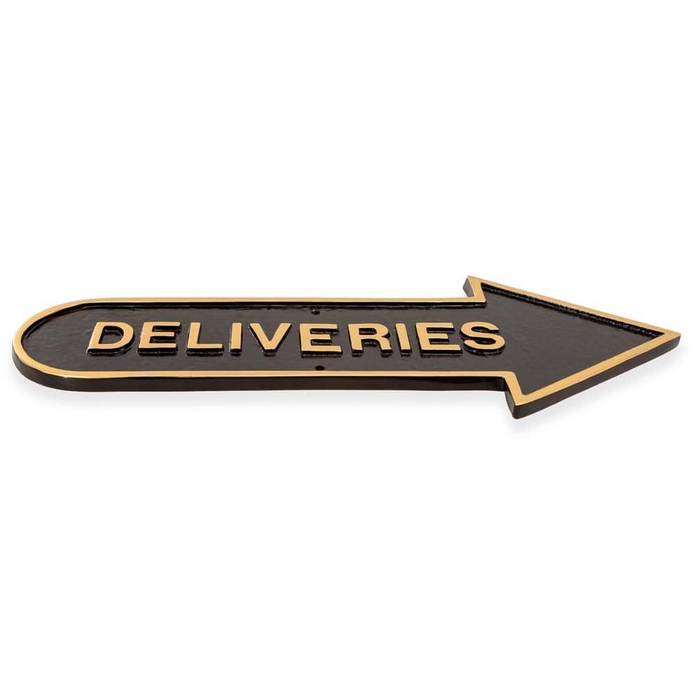 Montague Metal Products 6 in. x 15.5 in. Right Arrow Deliveries Statement Plaque Sign-Black/Gold (2)