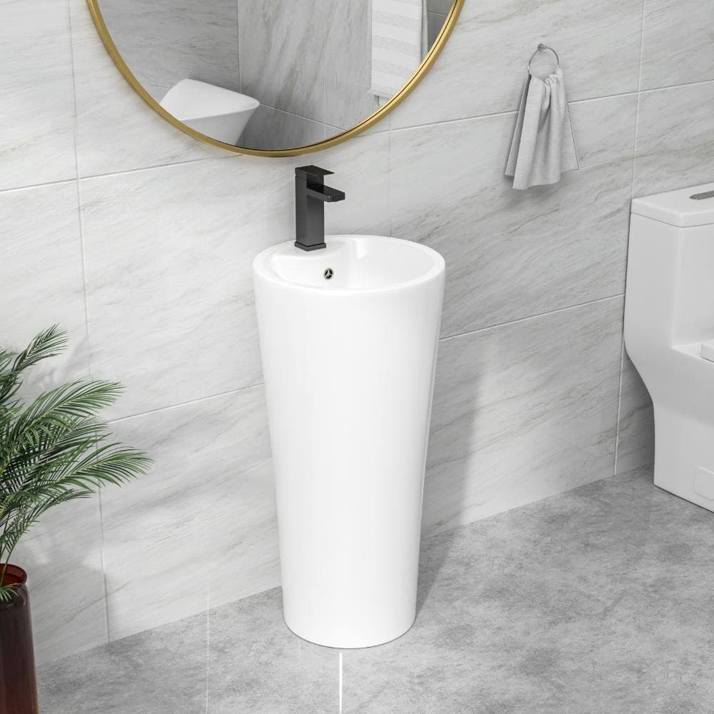 Sarlai 15 in. Round Ceramic Bathroom Pedestal Sink in Glossy White with Single Faucet Hole and Overflow (3)