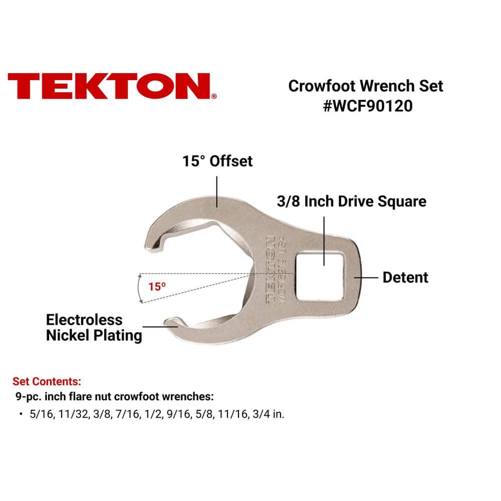 TEKTON 5/16-3/4 in. 3/8 in. Drive 6-Point Flare Nut Crowfoot Wrench Set (9-Piece) (2)
