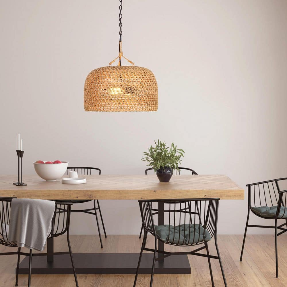 Hampton Bay Summerpoint 120-Watt 2-Light Black Shaded Pendant Light with Natural Woven Shade, No bulbs Included (3)
