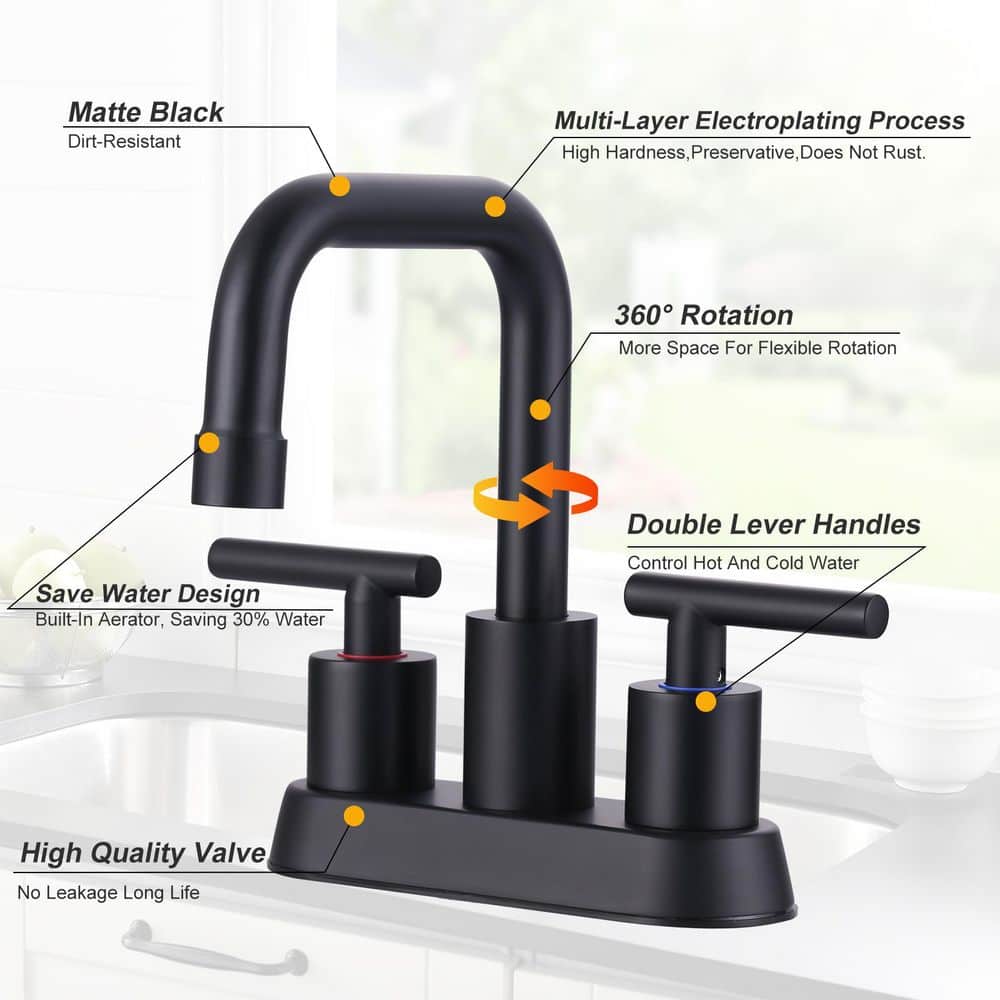 ARCORA Modern 4 in. Centerset 3-Hole Double-Handle Bathroom Sink Faucet, Basin Faucet with Pop-Up Drain in Matte Black (2)