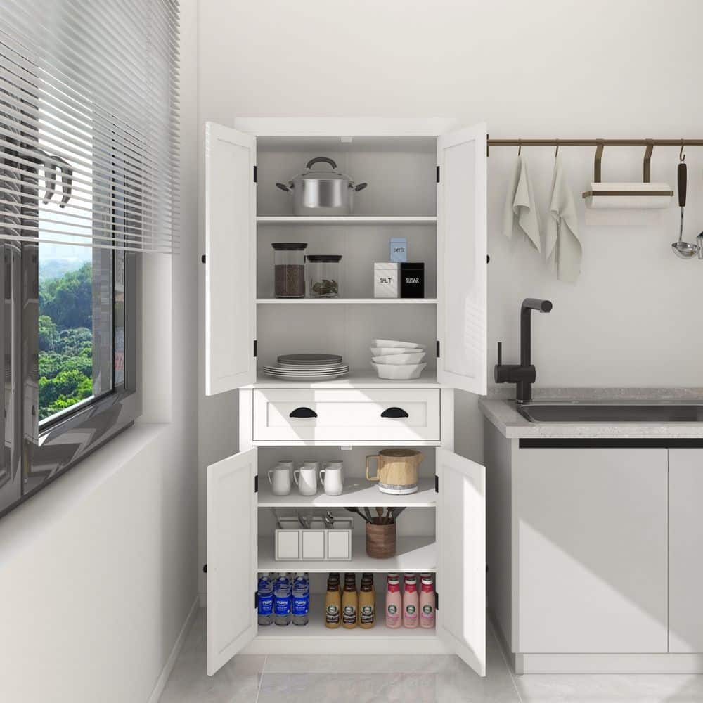 Unbranded 30 in. W x 15.75 in. D x 72 in. H Freestanding White MDF Bathroom Linen Cabinet with 1-Drawers, 4 Shelves