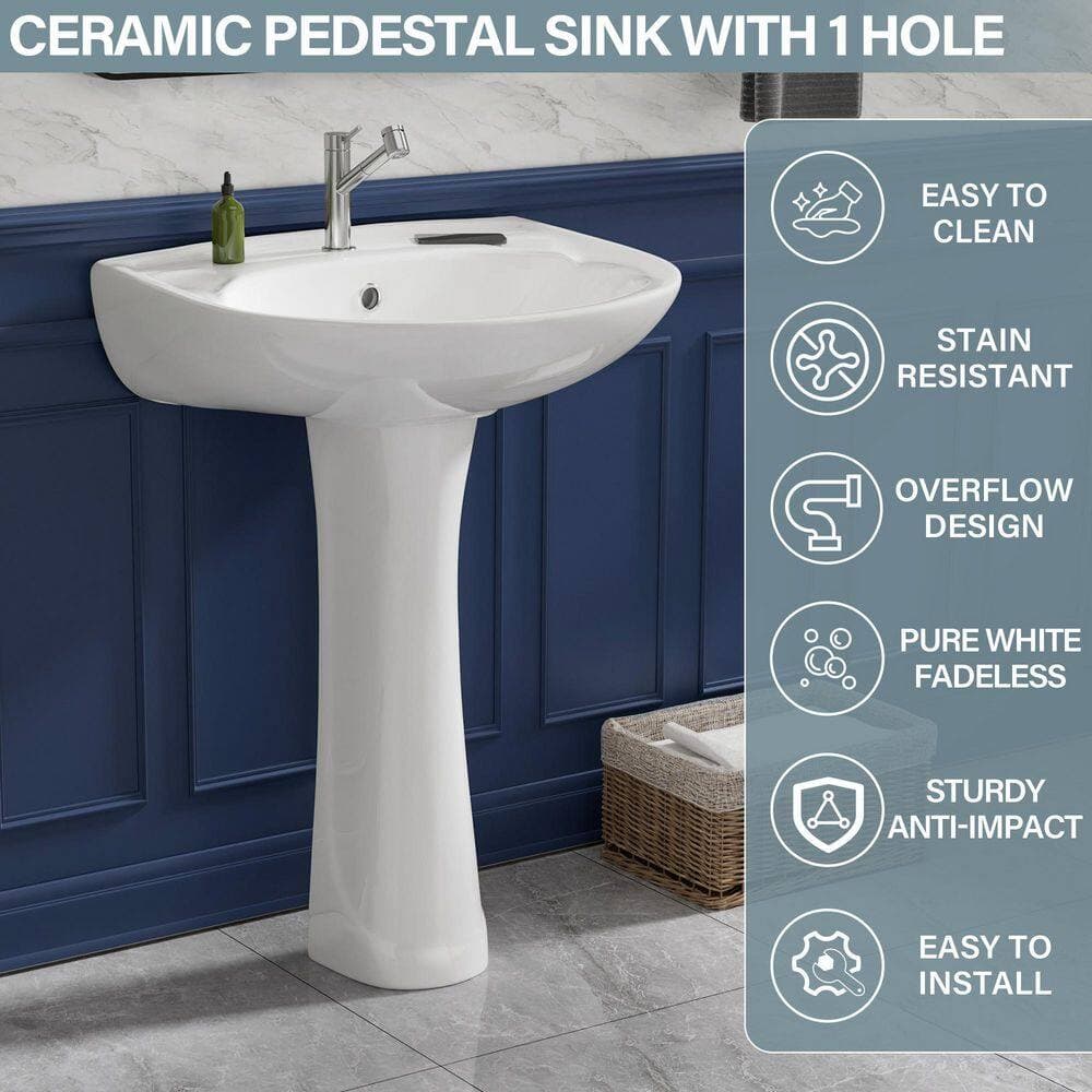 Kuomih 21 in. W x 18.5 in. D Novelty Pedestal Sink Pedestal Bathroom Sink Combo White Vitreous China With Single Faucet Hole (3)