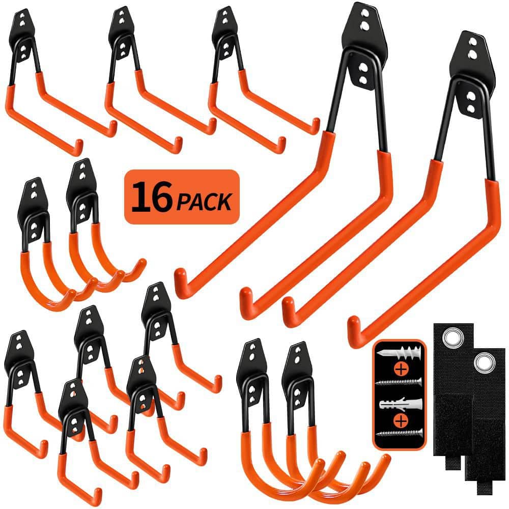 NVNOO Heavy Duty Wall Steel Garage Storage Hooks for Hanging Bike Ladder Garden Tools, Orange (16-Pack)
