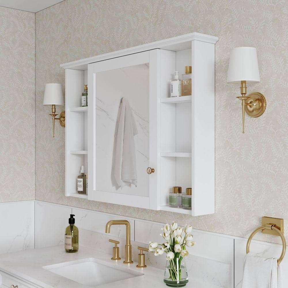 Eoviamne 42 in. W 30 in. H Wood Surface Mount Medicine Cabinet with Mirror, 2-Sided Mirror, Blum Soft Close (3)