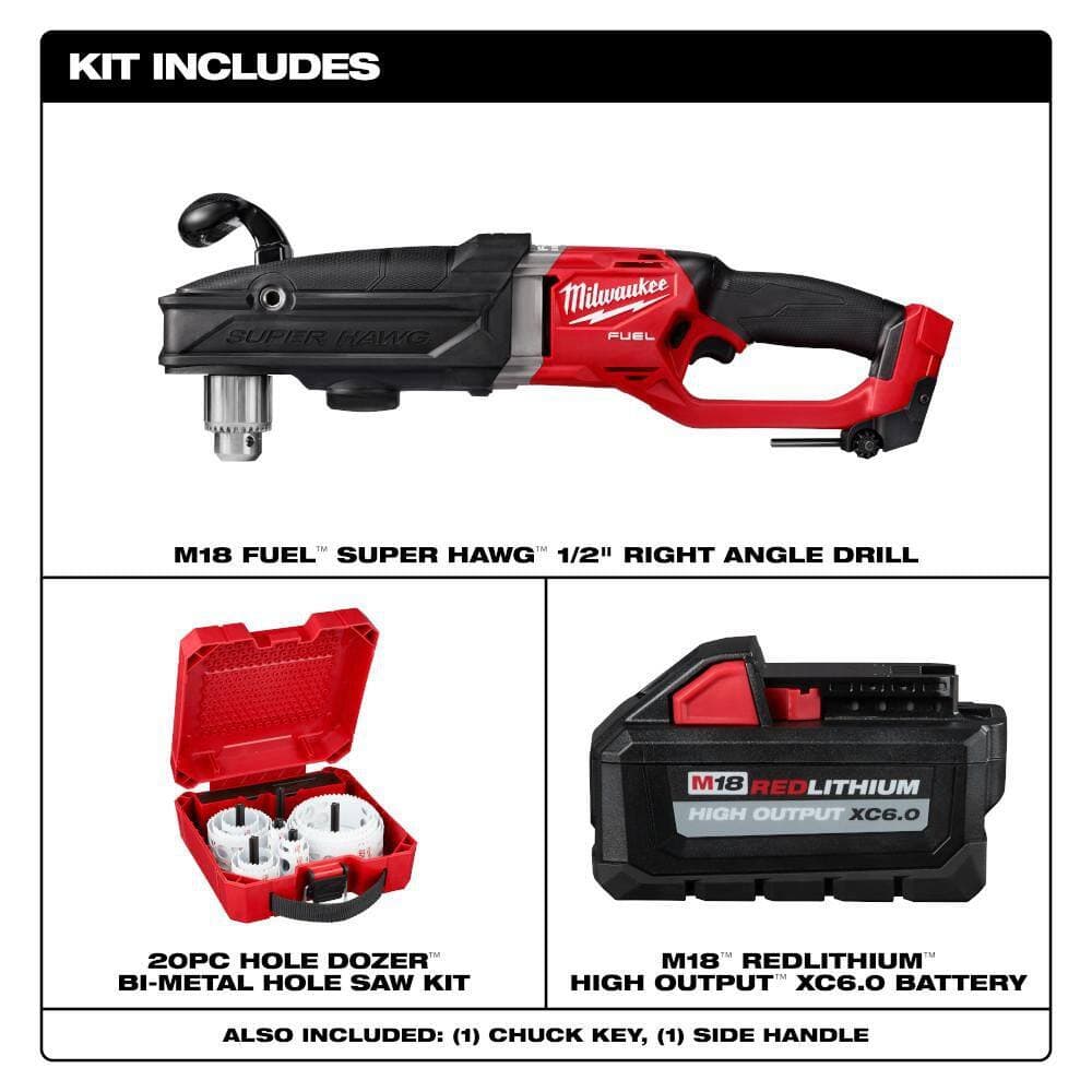 Milwaukee M18 FUEL 18V SUPER HAWG 1/2 in. Right Angle Drill w/6.0Ah Battery & Hole Dozer Set (20-Pc) (2)