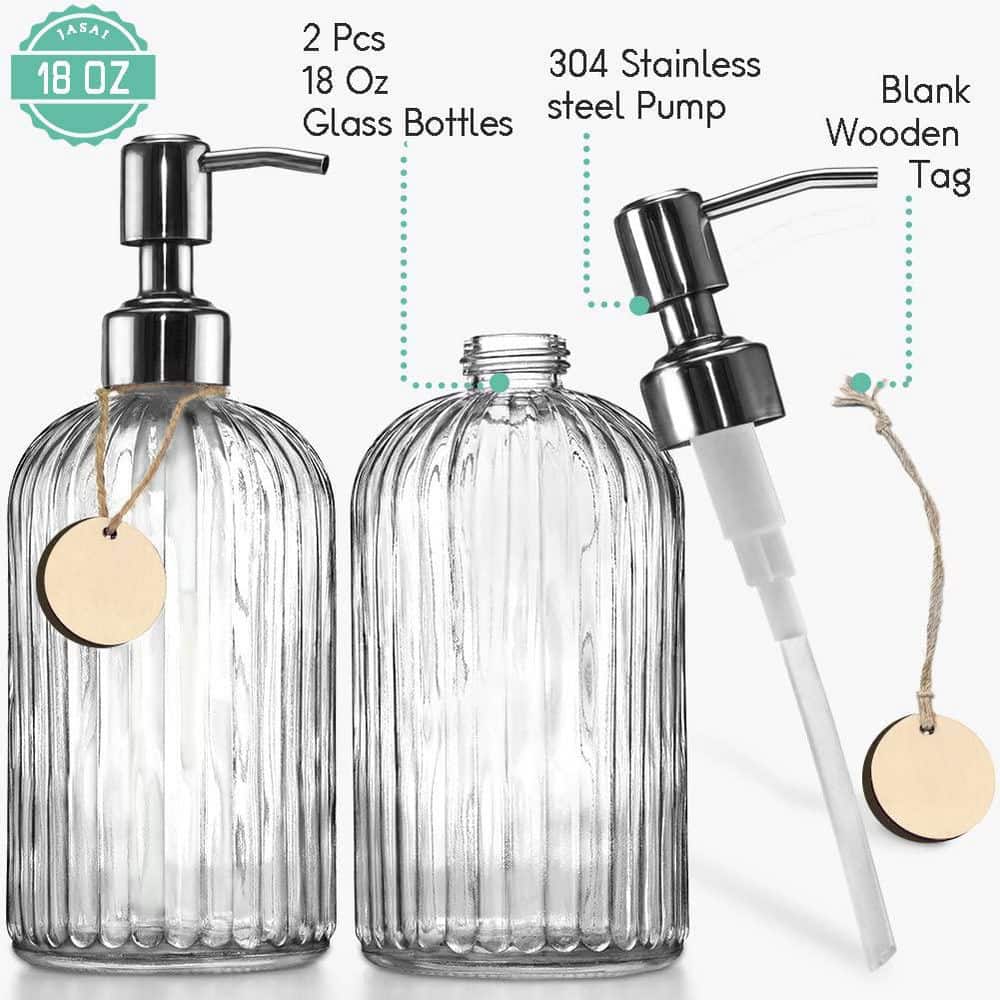 Wudkey 2 Pack 18 oz. Vertical Stripe Glass Soap Dispenser, Refillable Dispenser with Rust Proof Stainless Steel Pump (2)