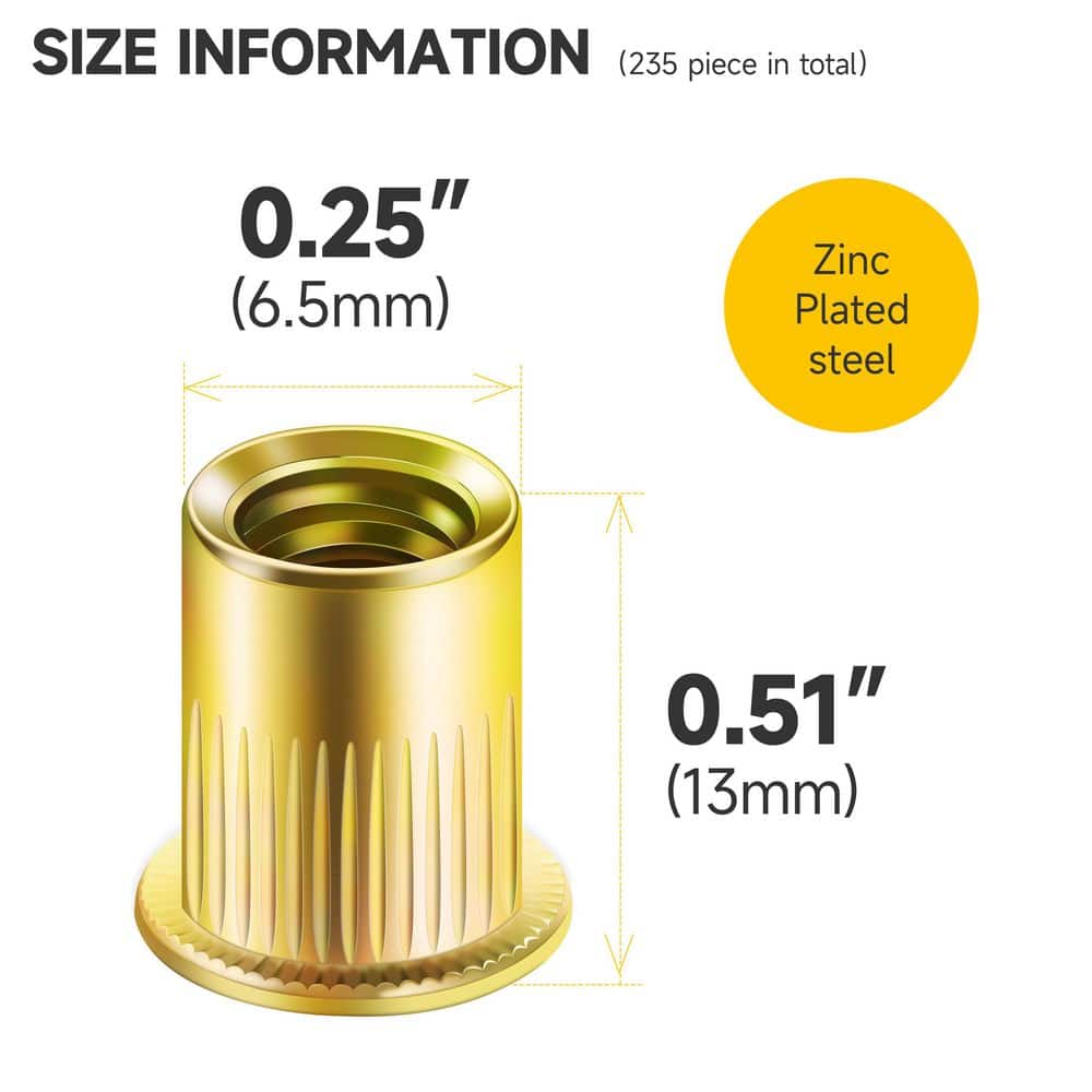 MYWISH #8-32 Specialty Fastener Zinc-Plated Carbon Steel Rivet Nut Threaded Inserts for Wood and Metal, Knurled Body (200-Pack) (2)