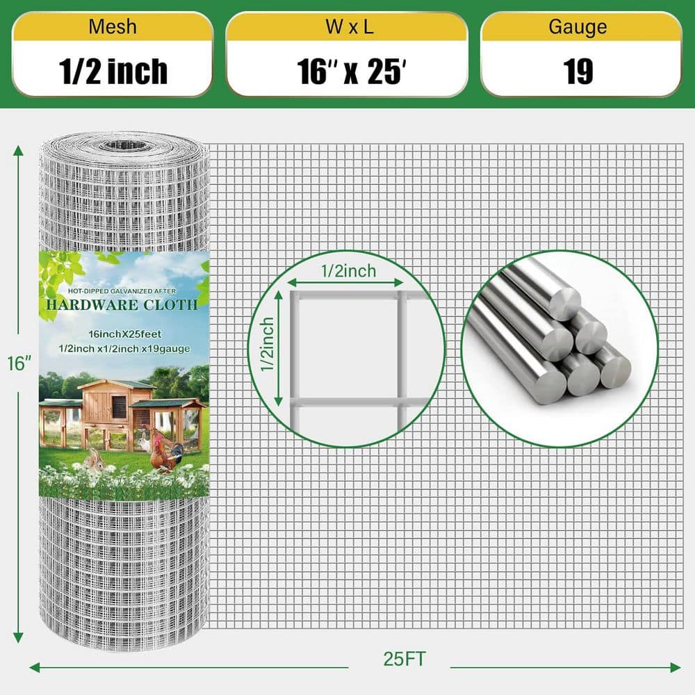 Unbranded Heavy Duty 1/2 inch 16in x 25ft 19 Gauge Galvanized Hardware Cloth Chicken Wire Mesh Roll for Garden Fencing and Cages (2)