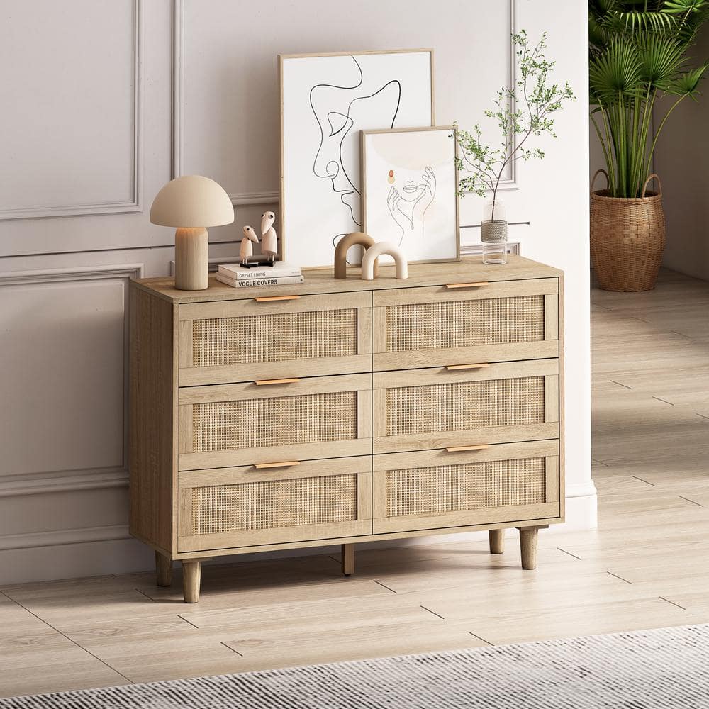 Unbranded 43.31 in. W x 15.75 in. D x 29.53 in. H Natural Beige Linen Cabinet with 6 Rattan Drawers (2)
