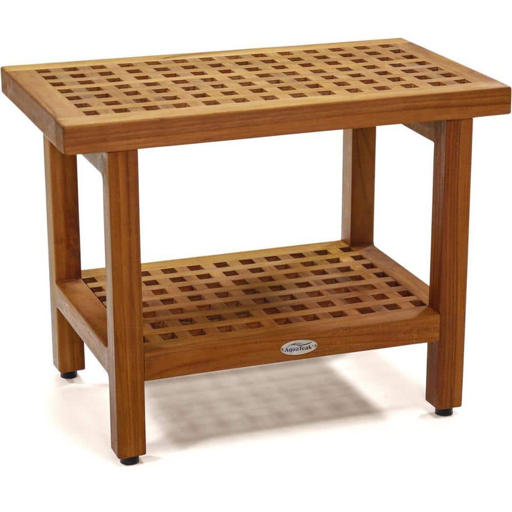 AquaTeak The Original 24 in x 14 in Grate Freestanding Teak Shower Bench with Shelf Walk In Shower Seat (1)