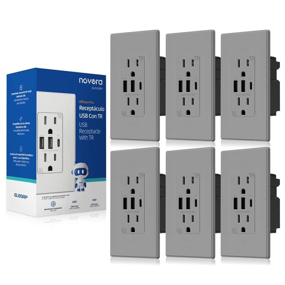 ELEGRP 30W 6.0 Amp 3-Port USB Wall Outlet 15A Duplex Receptacle with Dual USB Ports, w/ Srewless Wall Plate, Matte Grey 6-Piece (1)