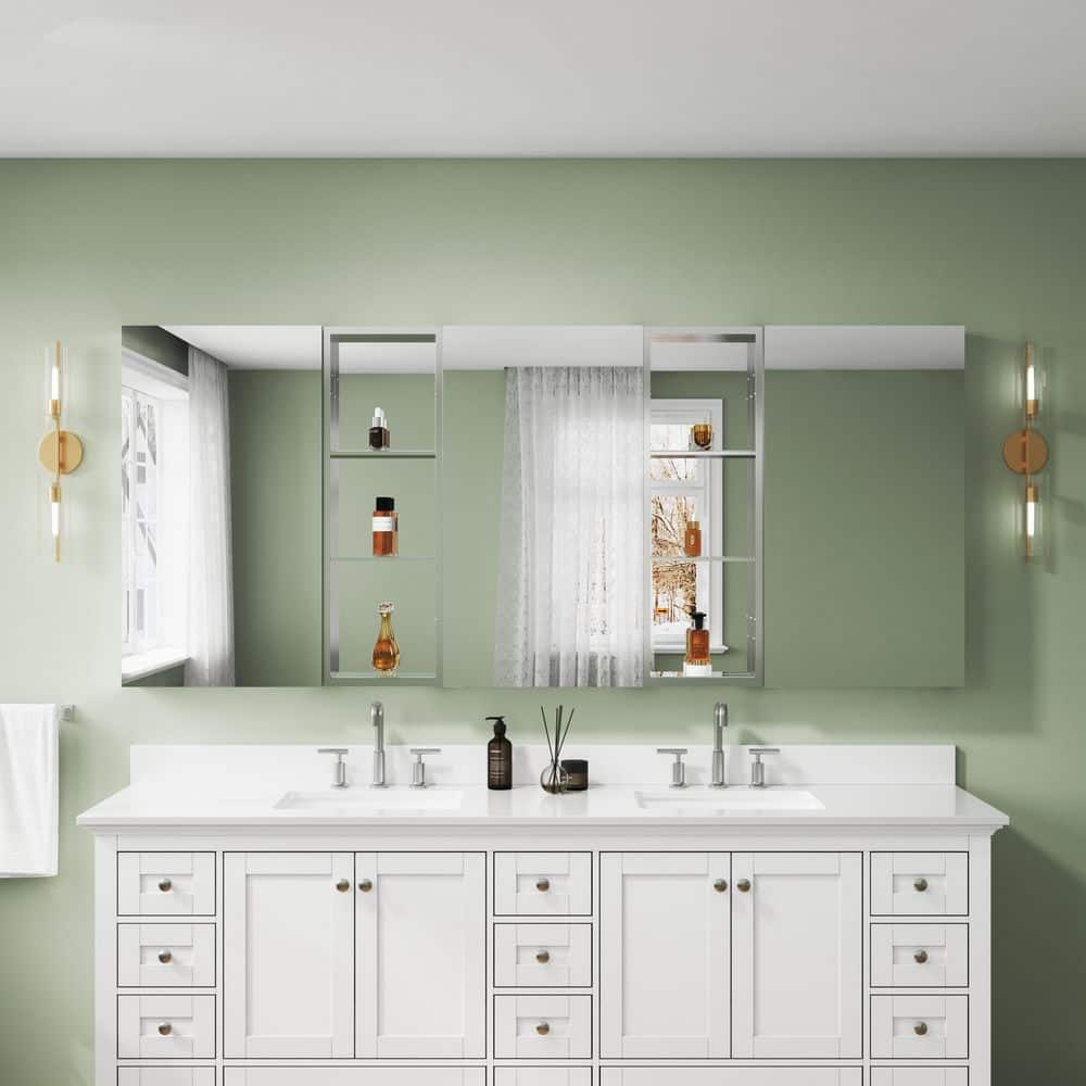 FORCLOVER 84 in. W x 36 in. H Rectangular Recessed/Surface Mount Chrome Aluminum Medicine Cabinet with Mirror, Blum Hinges