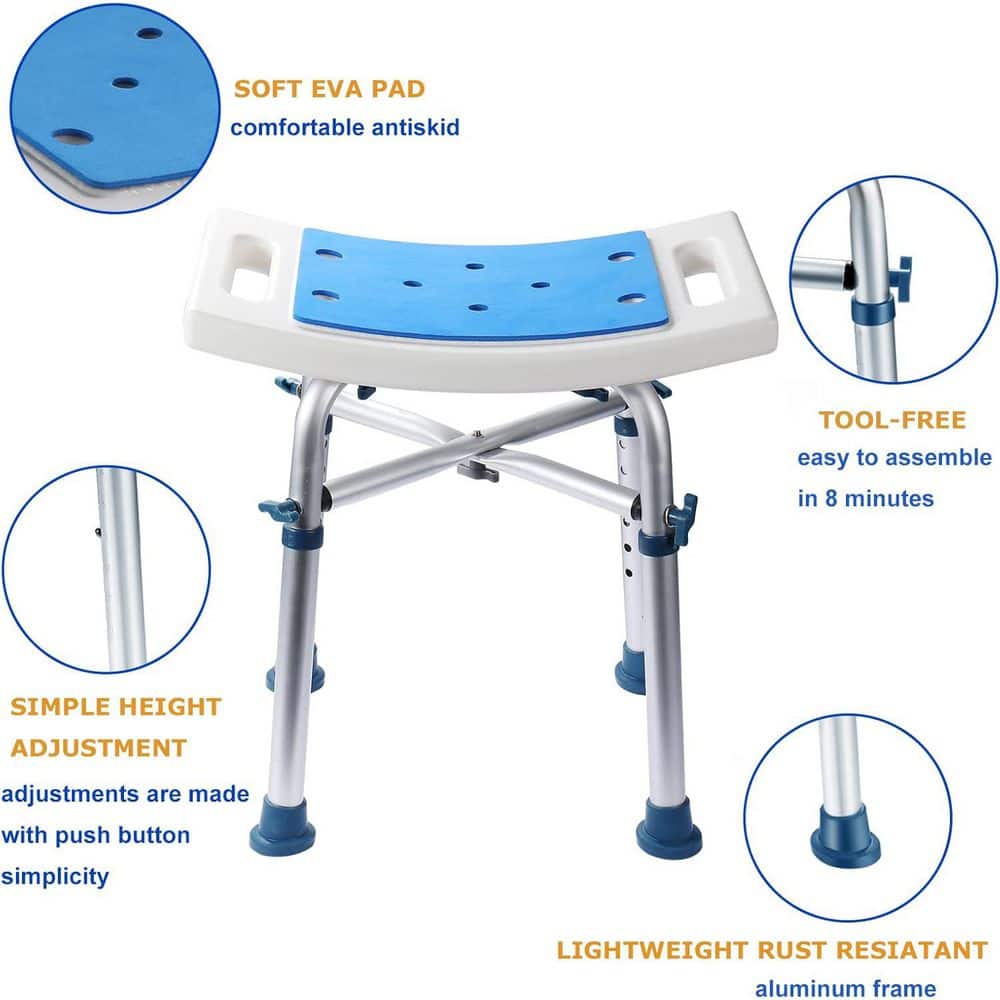 Anqtovp Shower Chair 17.3 in. W Freestanding Non-Slip Padded Seat, Drain Holes Bath Stool in Blue (3)