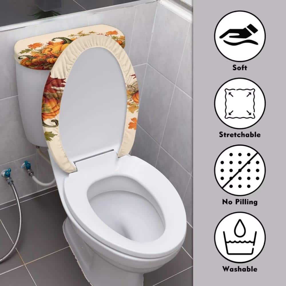 Unbranded Pumpkin Fall 2-Piece Tank Covers Set: Stretchable Toilet Lid and Tank Cover for Most Toilets 15-21 in Lid 13-17 in (3)