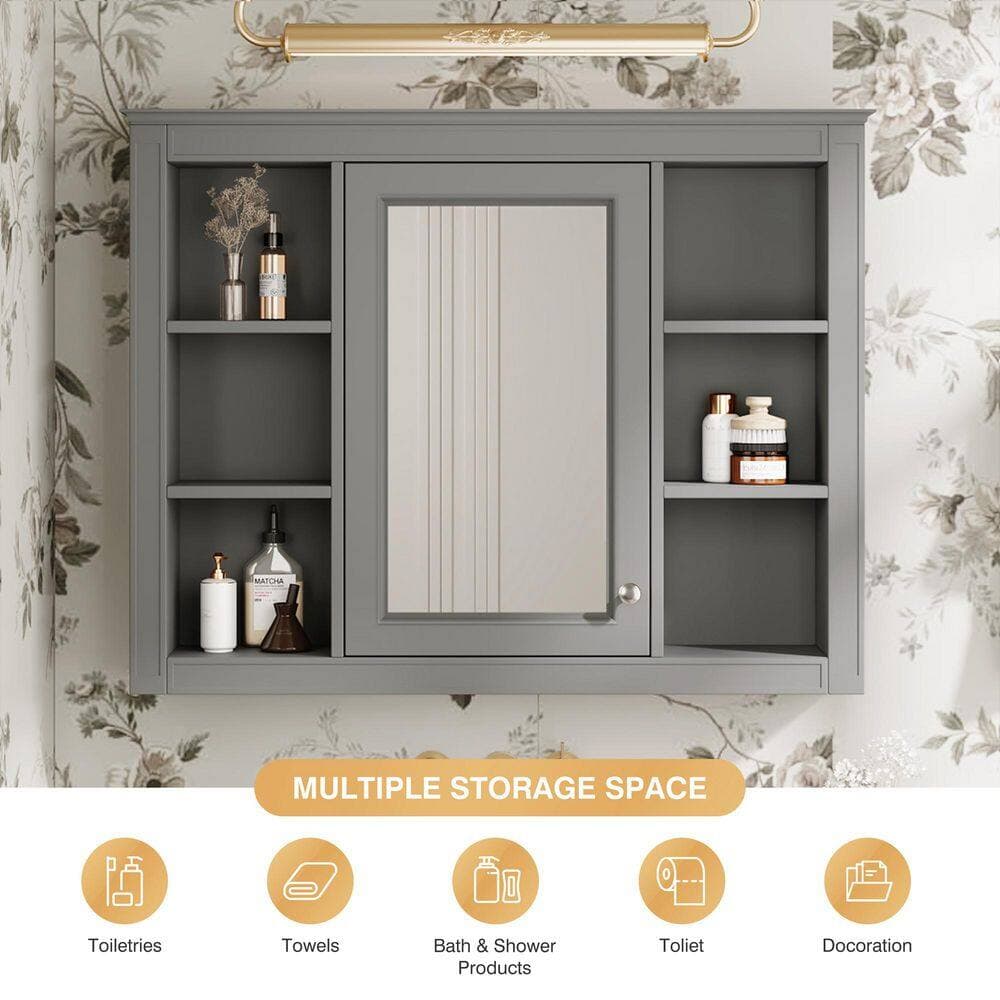 Siavonce 7 in. W x 35 in. D x 27 in. H Wall Mounted Bathroom Linen Cabinet with 6 Open Shelves and Mirrored Doors, Gray (3)