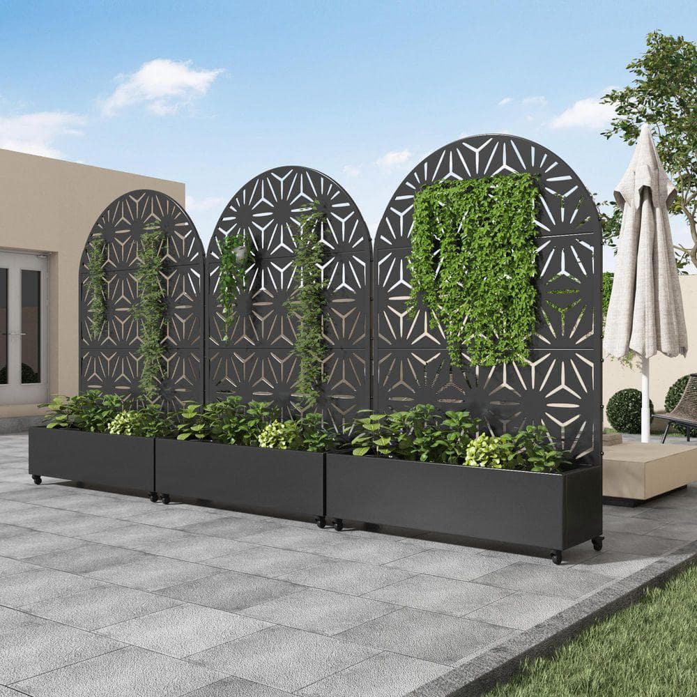 Lirago 72 in. x 47 in. Arched-Top Black Outdoor Metal Privacy Screen Raised Planter Box Wall Decor (3)