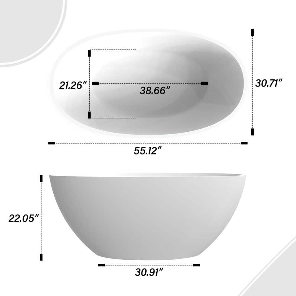 VANITYFUS 55 in. x 30.7 in. Solid Surface Freestanding Soaking Bathtub with Center Drain in Matte White (3)