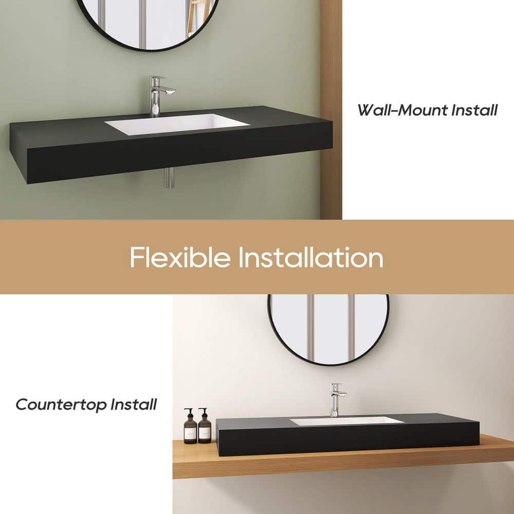 SJ STAR&JANE 47 x 19 in. Solid Surface Wall Mount or Countertop Bathroom Double Vessel Sink with Faucet Holes in Black (3)