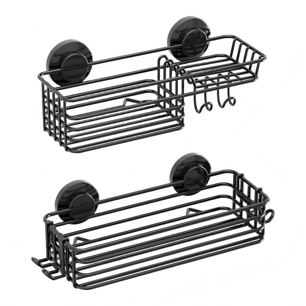 Wudkey 2-Pack Shower Caddy Suction Cup, Suction Shower Shelf with Hooks and Soap Holder, NO-Drilling in Black (1)