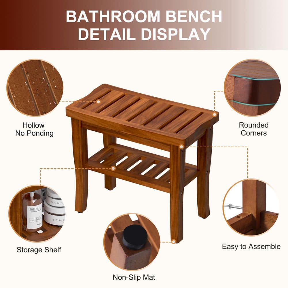 Wudkey Waterproof Teak Shower Bench, Shower Stool in Teak with Storage Shelf, Bathroom Shower Seat for Adults Elderly (3)