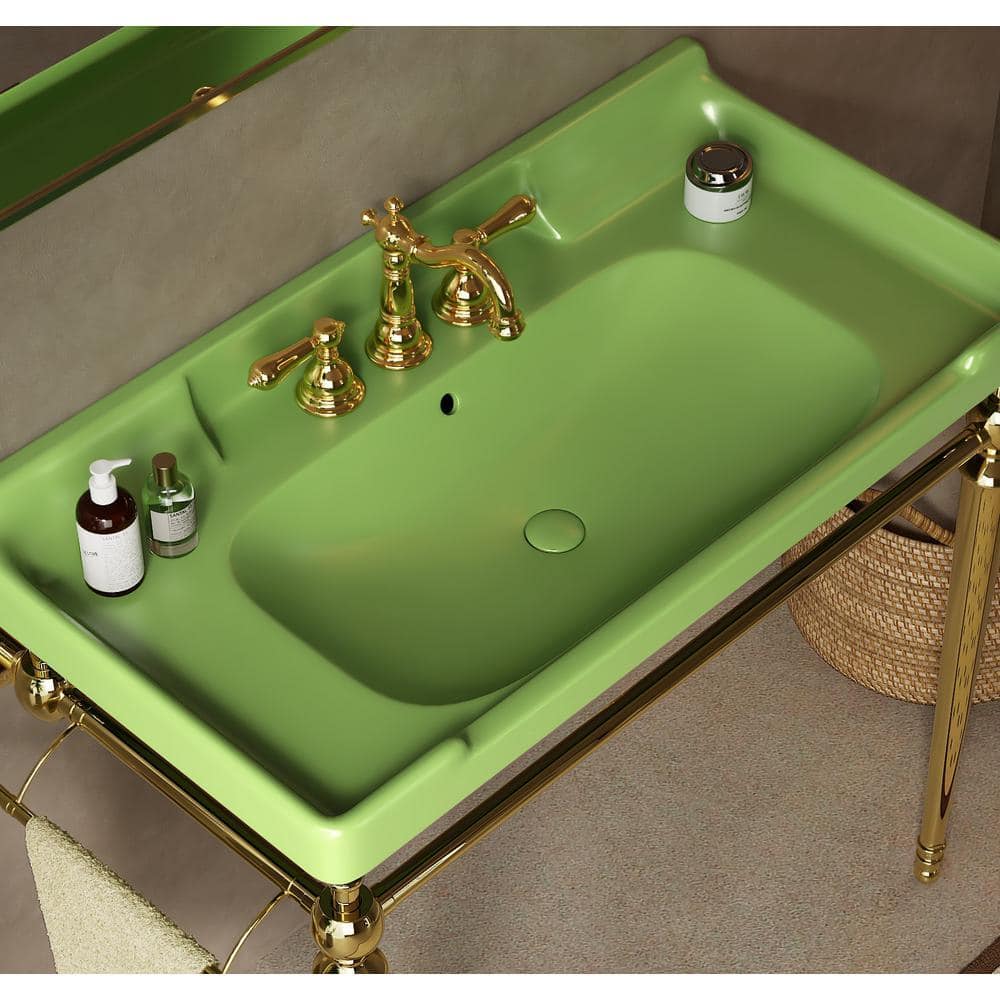 Unbranded 36 in. Green Ceramic Single Bowl Console Sink and Gold Legs Combo with 1-Towel Bar and 3-Faucet Holes (3)