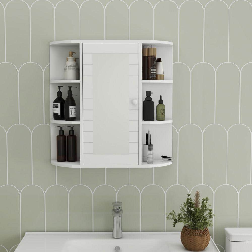 XUJMK 23 in. W x 7 in. D x 23 in. H Bathroom Storage Wall Cabinet with Mirror, 6-Shelves, 3-Open Adjustable Shelves in White (1)