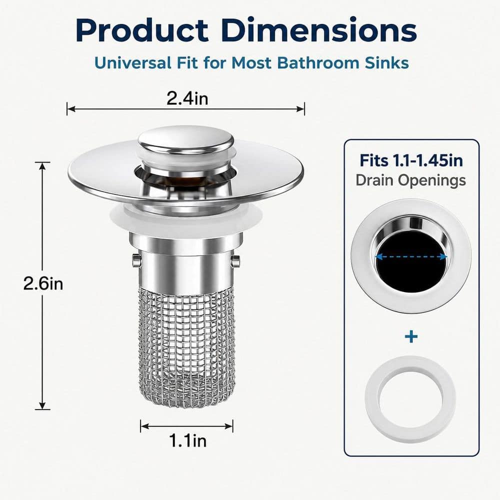 Helhom 2-Pack Pop Up Bathroom Sink Drain Strainer with Removable Stainless Steel Hair Catcher Basket, Sink Stopper Replacement (2)