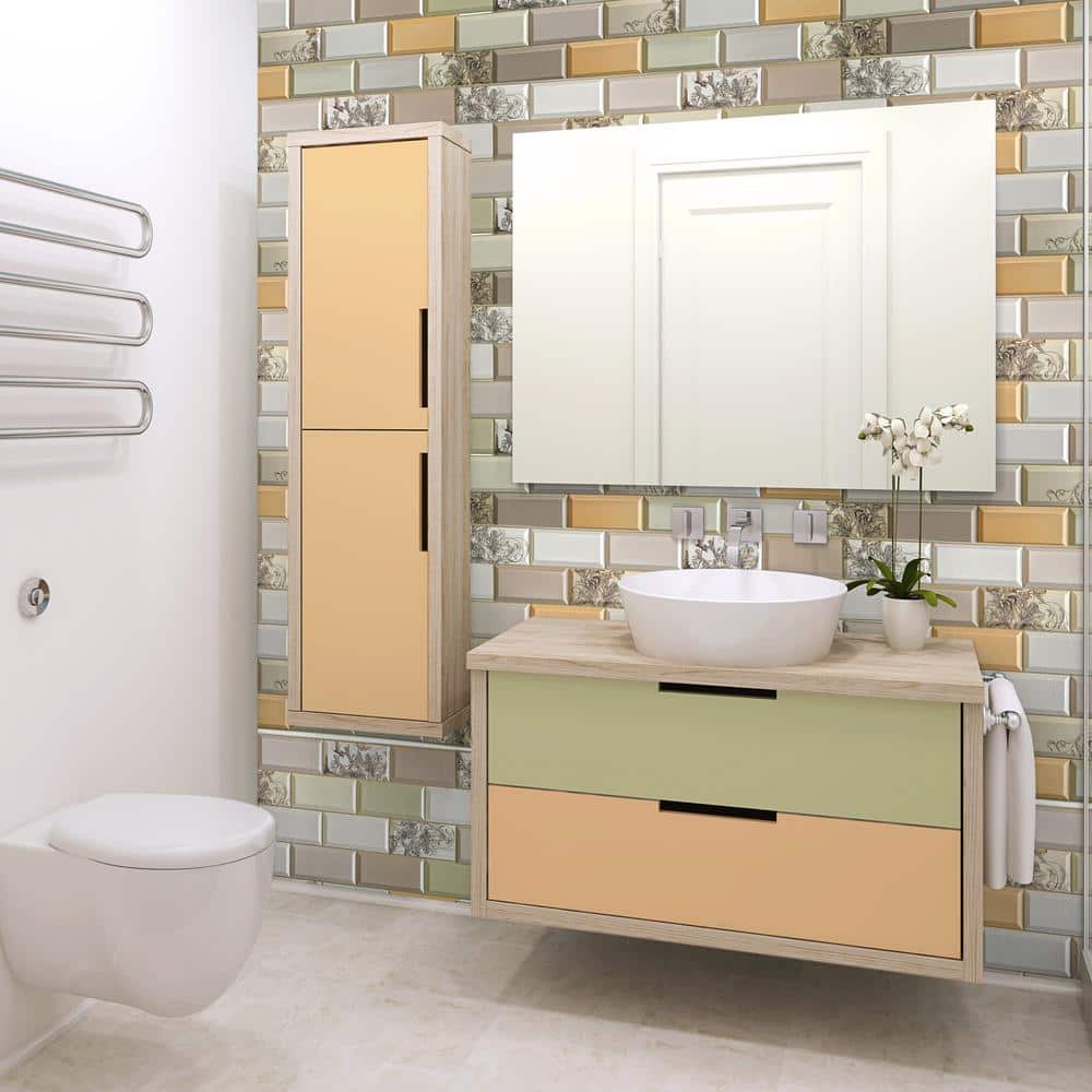 Dundee Deco 3D Falkirk Retro 10/1000 in. x 38 in. x 19 in. White Beige Green Orange Faux Bricks Flowers PVC Wall Panel (2)