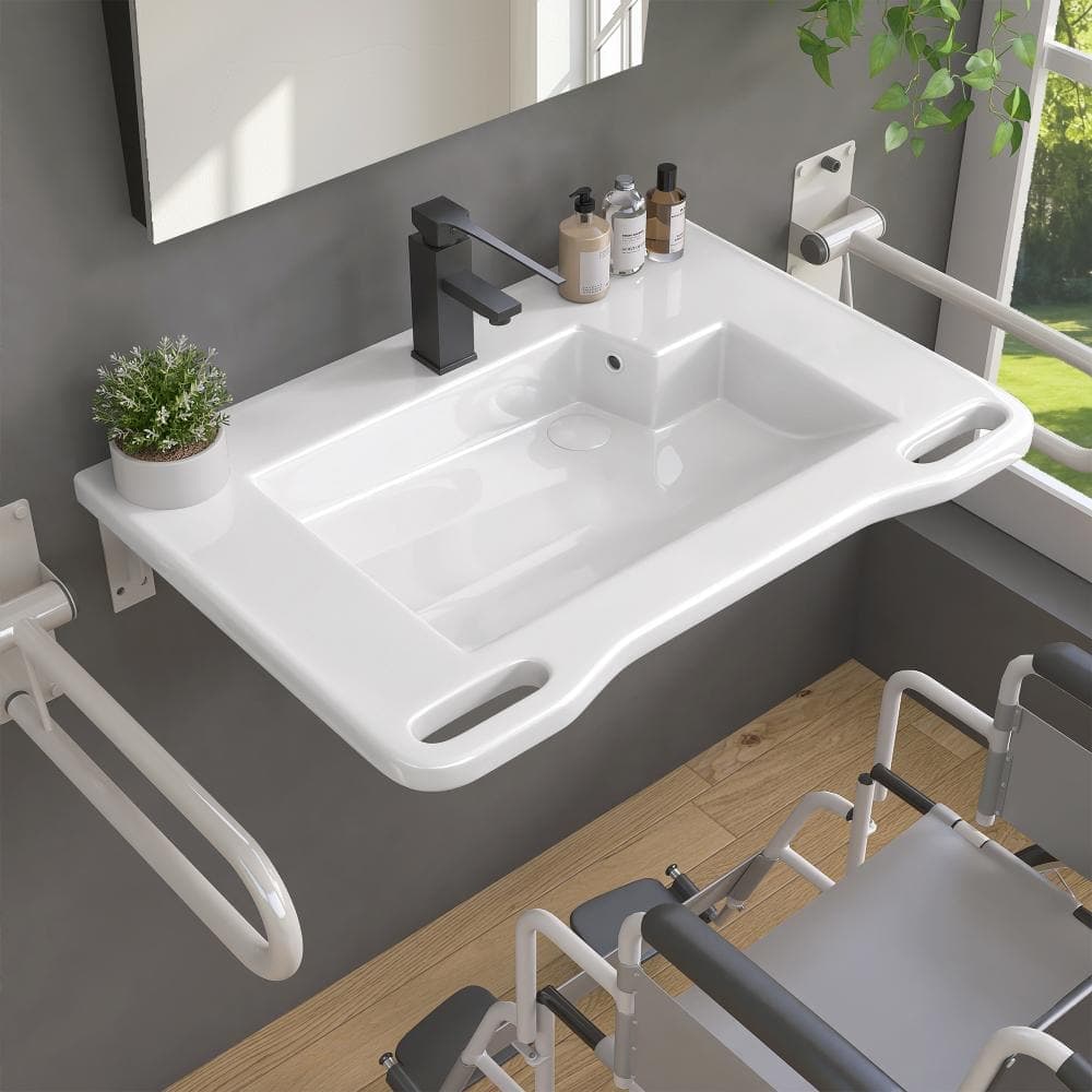 NTQ ADA 31.5 in. x 21.6 x 7.8 in. Rectangular ADA Ceramic Wall Mount Vessel Sink Wall Hung with Right Faucet Hole in White (1)