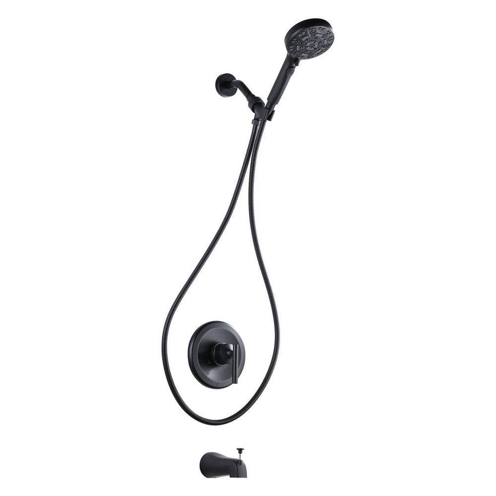 ALEASHA Single Handle Brass 7-Spray Shower Faucet 1.8 GPM with High Pressure Tub Spout in Matte Black (Valve Included) (1)