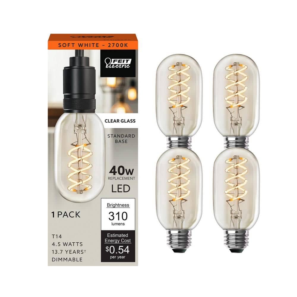 Feit Electric 40-Watt Equivalent T14 Dimmable Spiral Filament Clear Glass E26 Vintage Edison LED Light Bulb, Soft White (4-Pack)