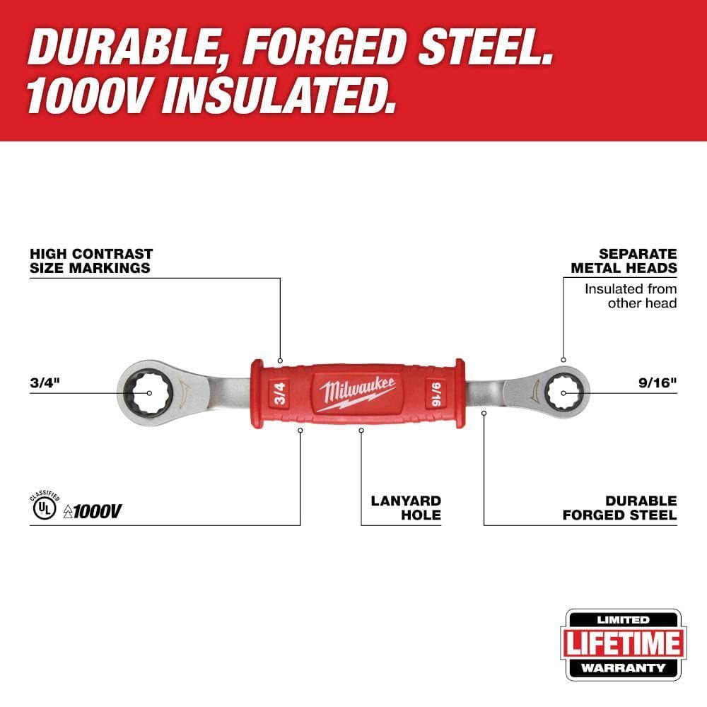 Milwaukee Lineman's High Leverage 3/4 in. Ratcheting Wrench with Milled Face & Lineman's 2-in-1 Insulated Ratcheting Box Wrench (3)