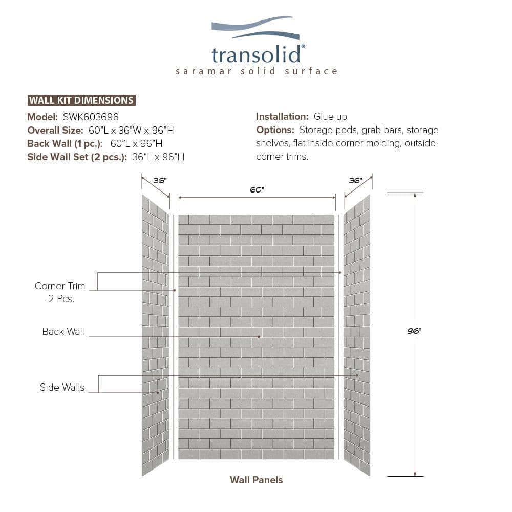 Transolid SaraMar 36 in. x 60 in. x 96 in. 3-Piece Easy Up Adhesive Alcove Shower Wall Surround in Grey Beach (3)