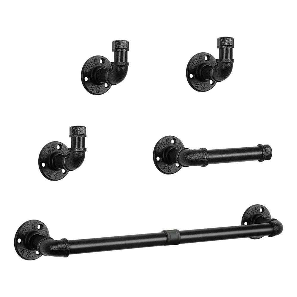 Anqtovp 5-Piece Industrial Pipe Bathroom Hardware Set with 18 in. Towel Bar, Toilet Paper Holder, 3-Hooks in Black (1)