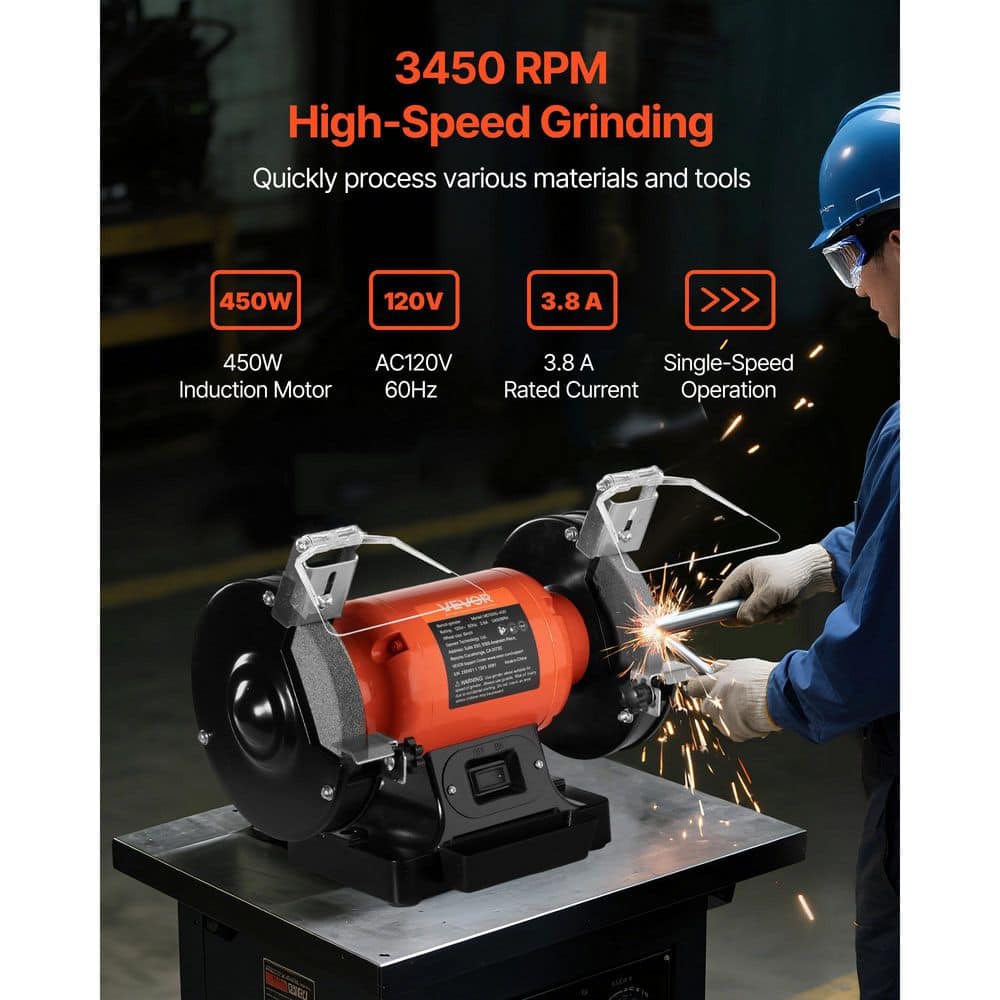 VEVOR Bench Grinder, 6 in. Single Speed Bench Grinder, 3450RPM High-Speed Table Grinders with 450W 3. 8A Induction Motor (2)