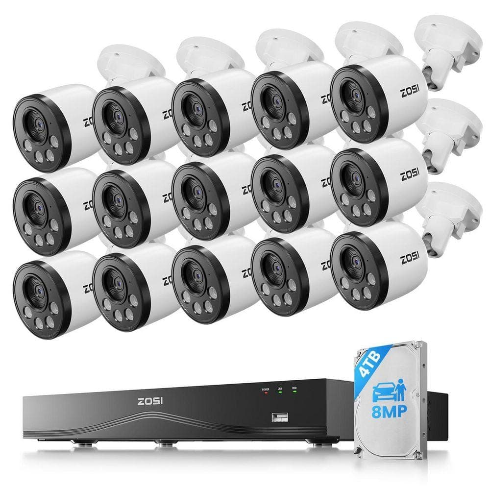 ZOSI 4K 16-Channel (32CH Expandable) POE 4TB Home Security Camera System with 16 Wired 8MP Outdoor Cameras, Dual-Disk Backup (1)