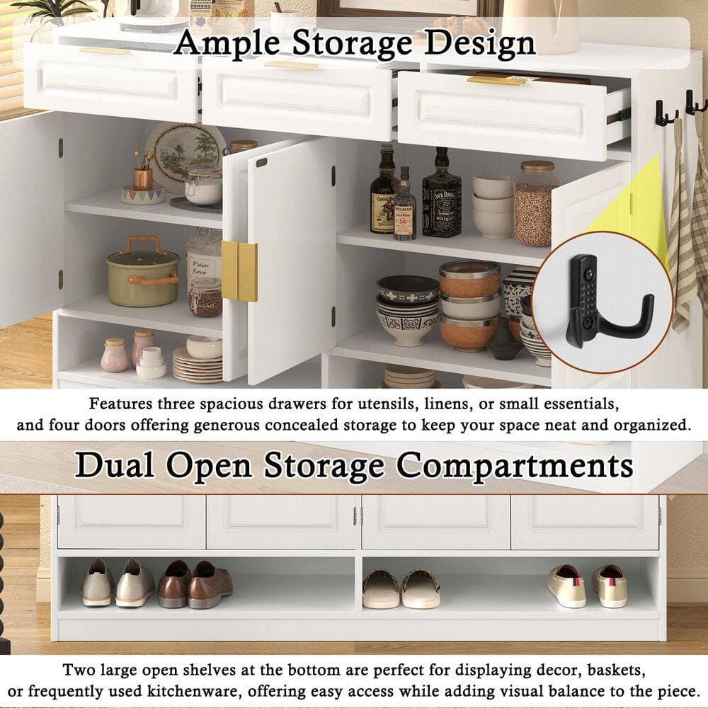 Tahanbath 14.20 in. W x 59.10 in. D x 34.80 in. H White MDF Freestanding Linen Cabinet with 3-Drawers and 4-Doors (2)