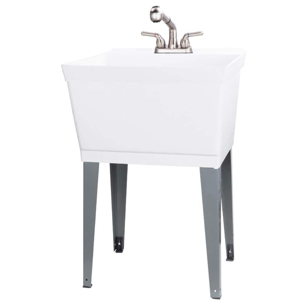 TEHILA Complete 22.875 in. x 23.5 in. White 19 Gal. Utility Sink Set with Non-Metallic Stainless Steel Finish Pull-Out Faucet