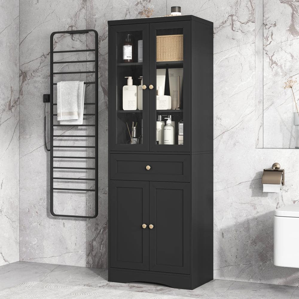 Unbranded 23.3 in. W x 14.5 in. D x 66.9 in. H Black Linen Cabinet with Adjustable Shelf, 4 Doors and Drawers for Bathroom, Office (2)