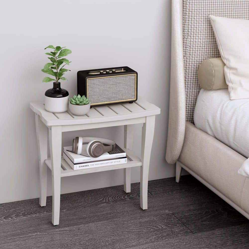 Anqtovp 24in W Freestanding Bamboo Shower Bench with Storage Shelf, Waterproof Spa Bath Seat for Indoor or Outdoor Use, White (2)