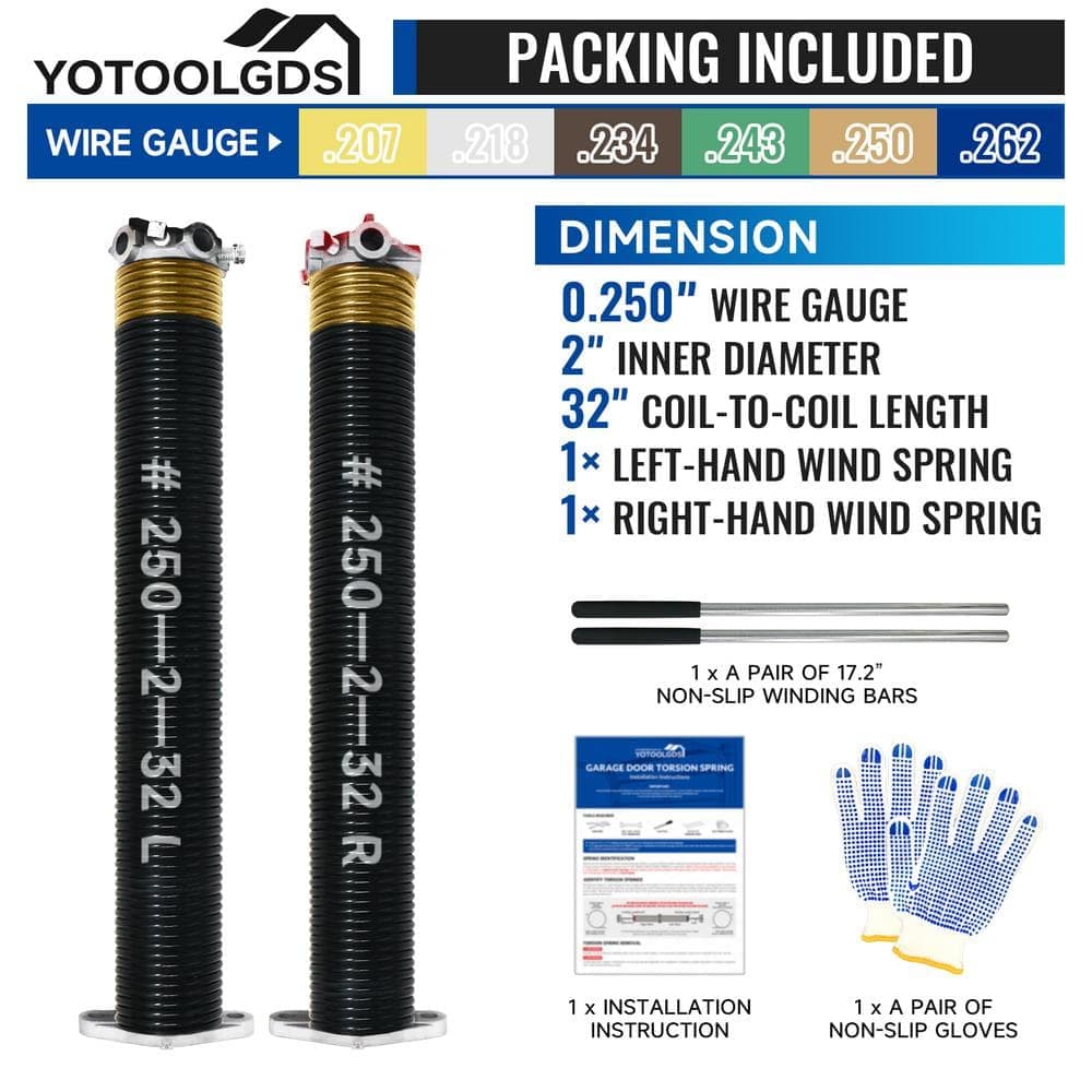 YOTOOLGDS 0.250 in. Wire x 2 in. x 32 in. L Electrophoresis Garage Door Torsion Springs in Gold Left and Right with Winding Bars (2)