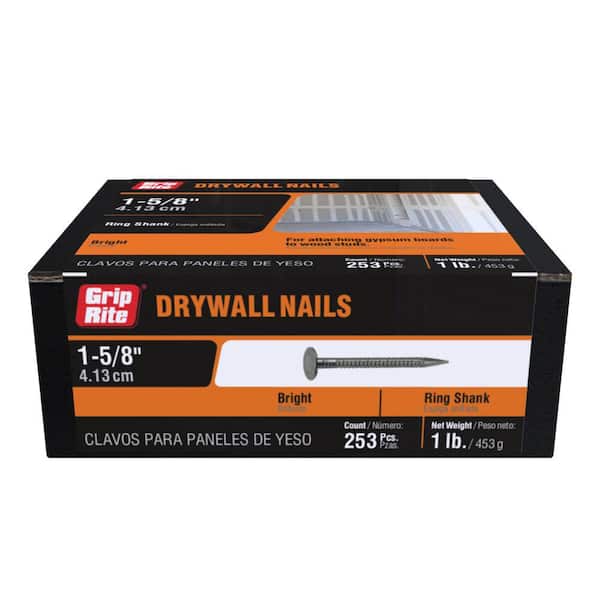 Grip-Rite 1-5/8 in. x 12-1/2-Gauge Bright Steel Ring Shank Drywall Nails 5 lb. Box (2)